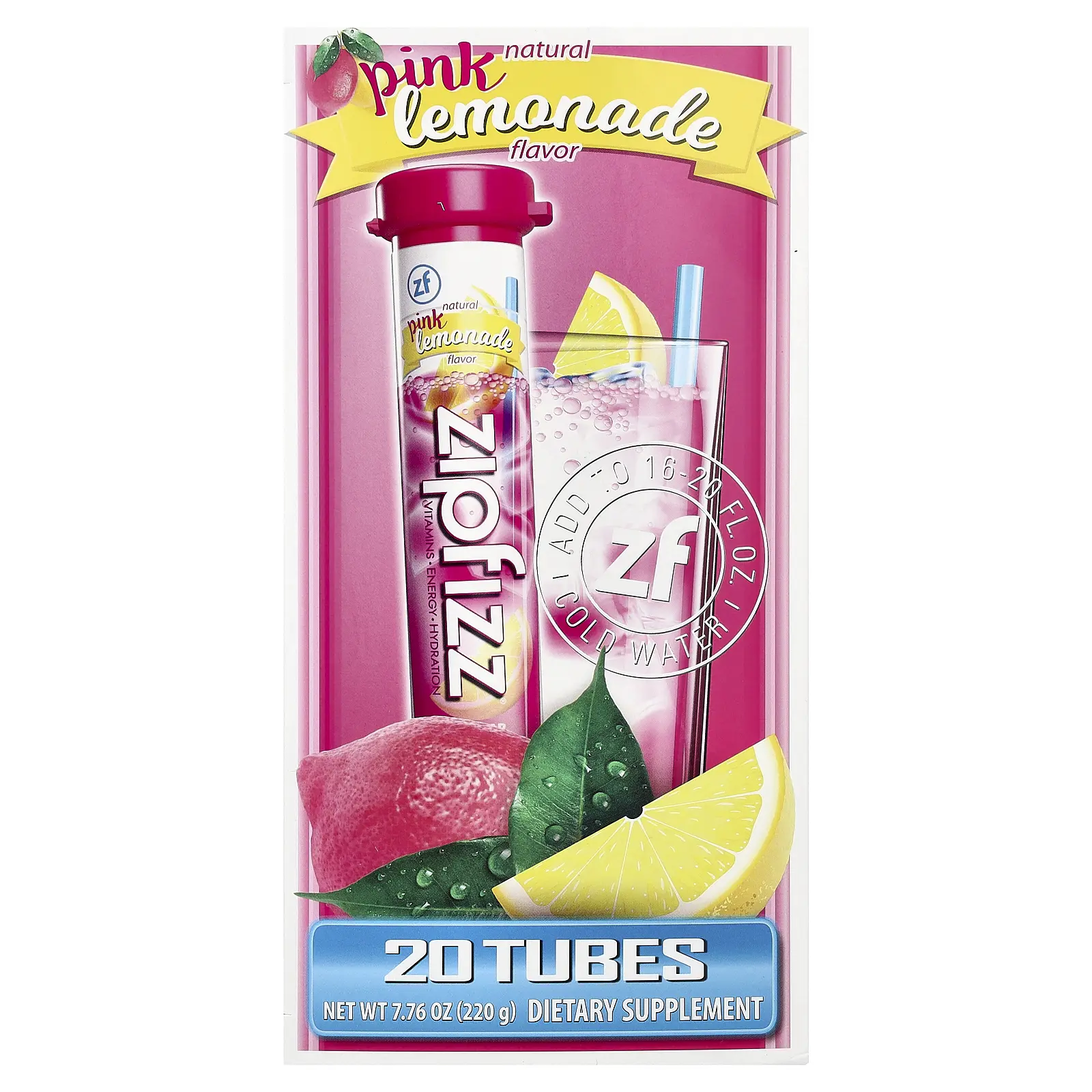 Zipfizz Energy Drink Mix, Pink Lemonade, 20 Tubes, 0.39 oz (11 g) Each