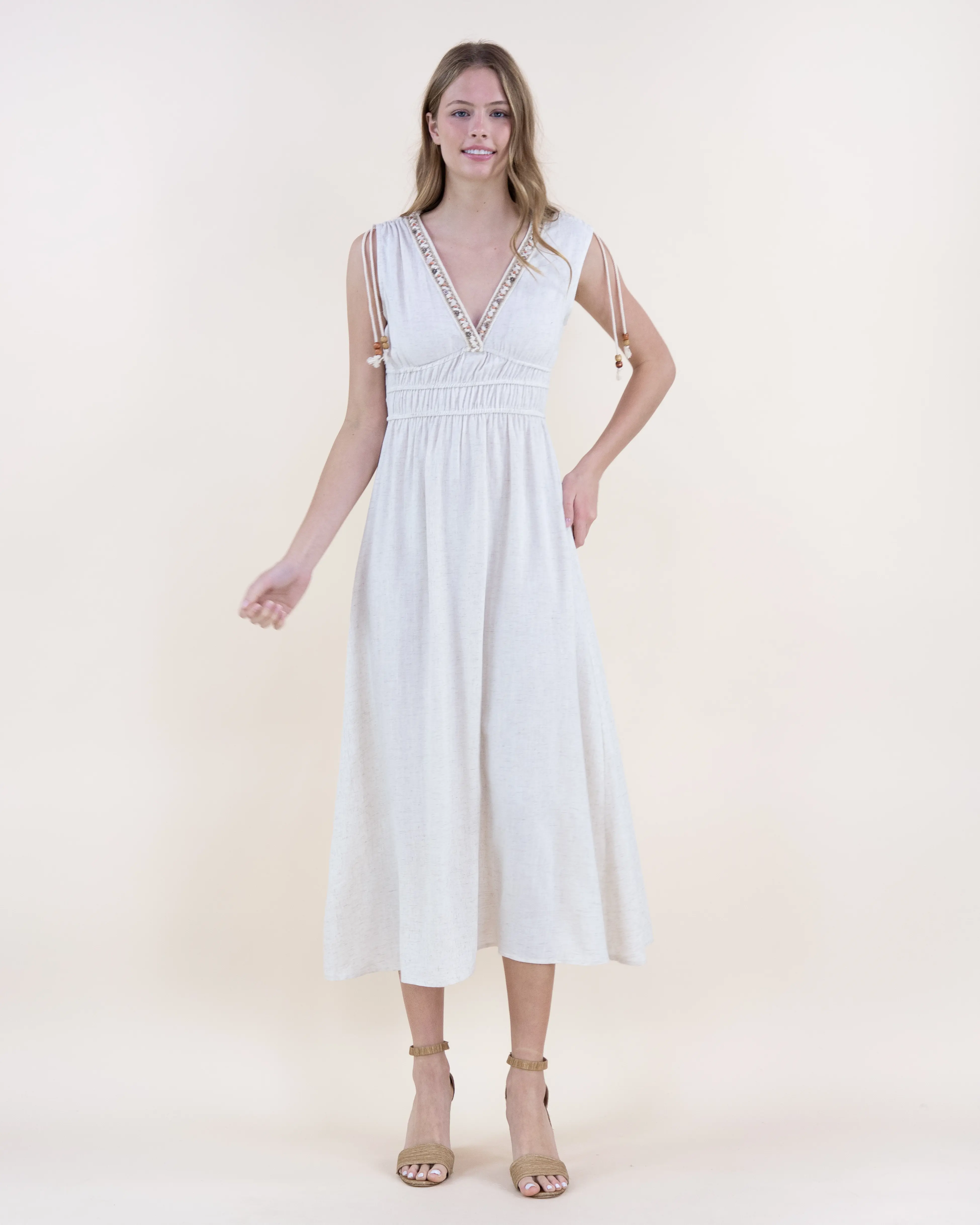 Women's Linen Grecian Surplice Midi Dress & Open Front Cardigan – Boho Resort Collection with Decorative Trim, Pieces Sold Separately