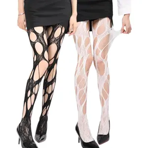 Women's Ripped Fishnet Stockings Tights Gothic Irregular Distressed Hole Hollow Out Mesh Lace Punk Perforated Black White Y2k Thigh High Pantyhose for Halloween Masquerade Party