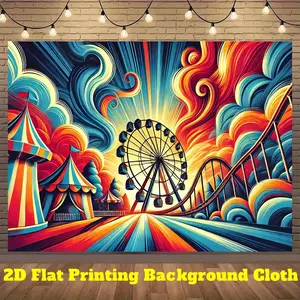 2D Flat, 1pc Amusement Park Carnival 2D Flat Banner - Vibrant Ferris Wheel & Roller Coaster Design with Striped Tent Backdrop, Bold Color Polyester Fabric for Indoor/Outdoor Party Decorations, Photo Background, Live Stream Wall Decoration (No