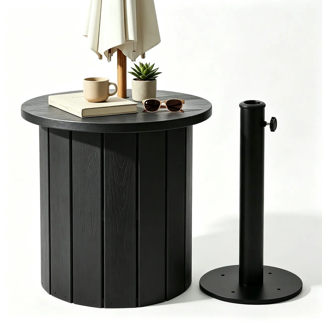 2-in-1 Patio Umbrella Base & Outdoor Side Table with Umbrella Hole, Fits 1.5-1.9" Pole, 5-Gal Water Bag Base, HDPE Woodgrain Accent Table for Patio, Poolside, Deck & Garden, Summervibes, Summerfinds