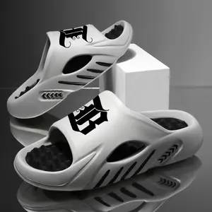 Men’s Urban Gothic Slides in Slate Grey – Trendy “B” Letter Graphic Streetwear Sandals – Premium Massage Footbed Recovery Slippers – Lightweight Non-Slip Thick Sole Slides for Men