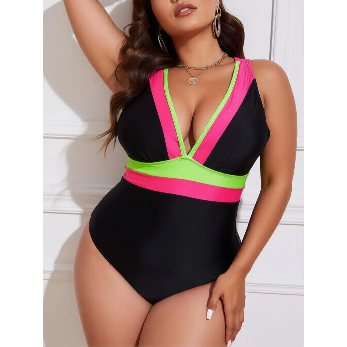 Extra Large Women's 1-Piece Swimsuit - Black Base with Neon Hot Pink-Lime Green Color Block Contrast Binding, Deep Plunge V-Neck, Wide Shoulder Straps, High Waist Tummy Control Slimming Full Coverage Swimwear for Curvy Figures, Swimming, Beach