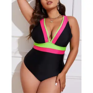 2026 Women's Plus Size Neon Color Block One Piece Swimsuit | Deep V Neck Racerback Tummy Control | High Cut Curvy Beach Bathing Suit,Summer Vibes