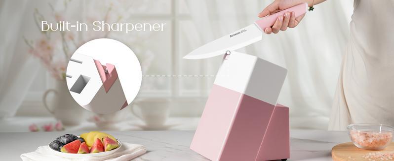 Astercook 14-Piece Professional Kitchen Knife Set – High Carbon Stainless Steel Chef, Bread, Santoku & Steak Knives with Hardwood Block, Ideal Valentine’s Day Gift Pink Wooden