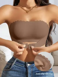 1 Piece Simple Wave Edge Front Buckle Non-Slip Bra, Elegant Chic Sexy Wireless Strapless Lined Bra, Daily Wear & Sports Fitness Underwear