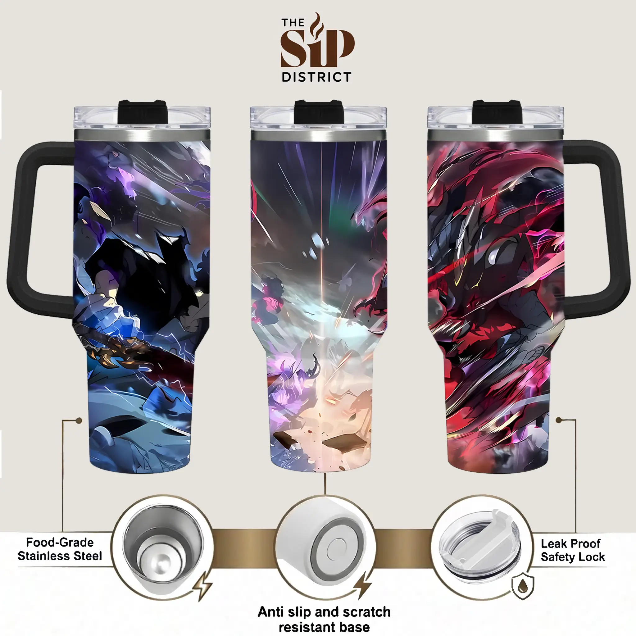 The Sip District. Solo Leveling Dragon Battle 20oz/40oz Tumbler With Handle – Sung Jin-Woo Anime Stainless Steel Travel Mug, Shadow Monarch Vacuum Insulated Cup, Manhwa Gift for Gamers & Otaku