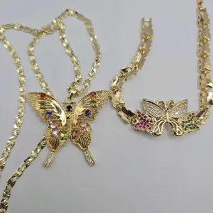 BUTTERFLIES set necklace with regular style chain 24"inches bracelet multicolored stone's GOLD-PLATED