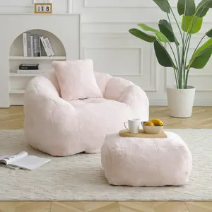 Giant Bean Bag Chair withFootstool, Oversized Bean Bag  for Adults and, Faux Fur Shell-Shaped Large Chair with Filler, Stuffed Big Accent Sofa,  Floor Sofa for Gaming,Reading Living Room Bedroom