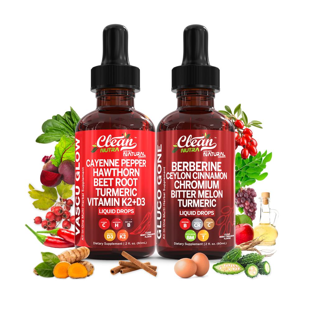 Clean Nutra CardioMetabolic Duo | For Circulation & Blood Sugar Support Liquid Drops [Vascu Glow & Gluco Gone]