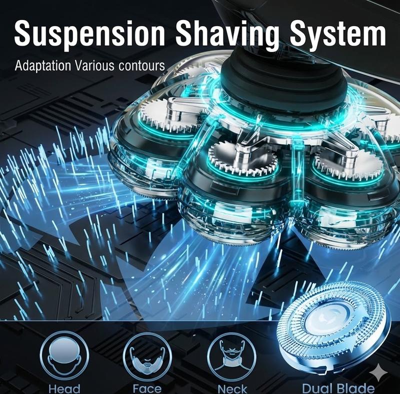 FLITOK Electric Head & Face Shaver for Bald Men 6-in-1 Waterproof IPX7 7D Magnetic Razor Type-C Fast Charge LCD Screen Nose Trimmer & Face Brush Kit Travel Ready