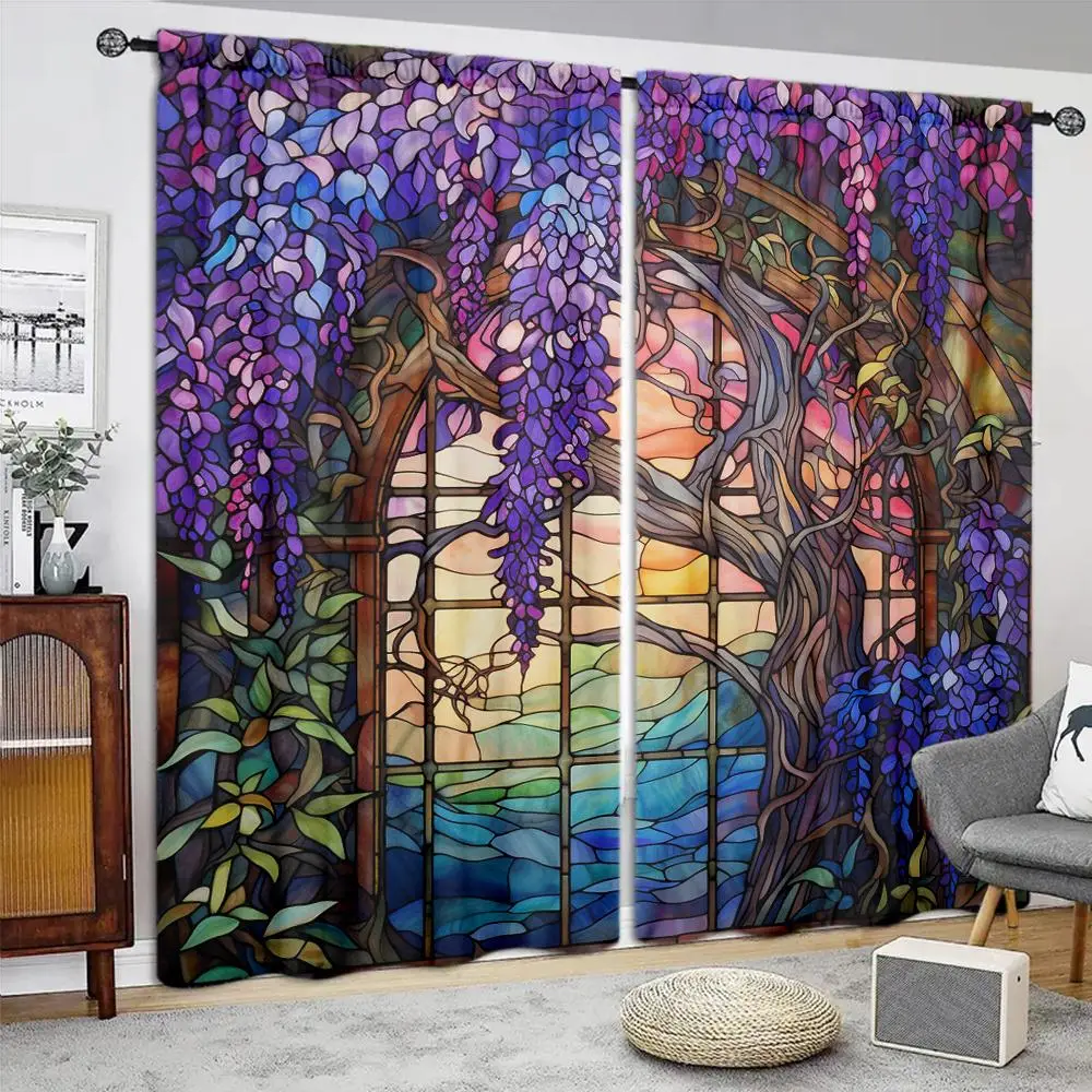 Wisteria Print Curtain, 1 Pair Stained Glass Printed Curtain, Window Drapes for Home Decor, Rod Pocket Window Treatment for Bedroom, Office, Kitchen,