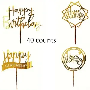 Happy Birthday Cake Topper, 40pcs/set Glitter Cake Decoration, Creative Baking Supplies for Birthday Party, Party Decoration Supplies, Glitter Decorations