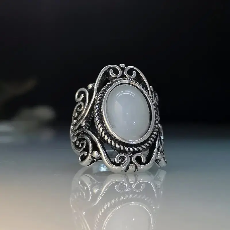 Retro Moonstone Ring Bohemian Style Women's Geometric Hollow Carving Vintage Charm Fashion Jewelry Versatile Accessory with Metal Coating