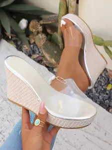Women's Transparent Wedge Sandals, Straw Woven Waterproof Platform Thick Sole Shoes, Tall and Slimming, Non-Slip Rubber Sole