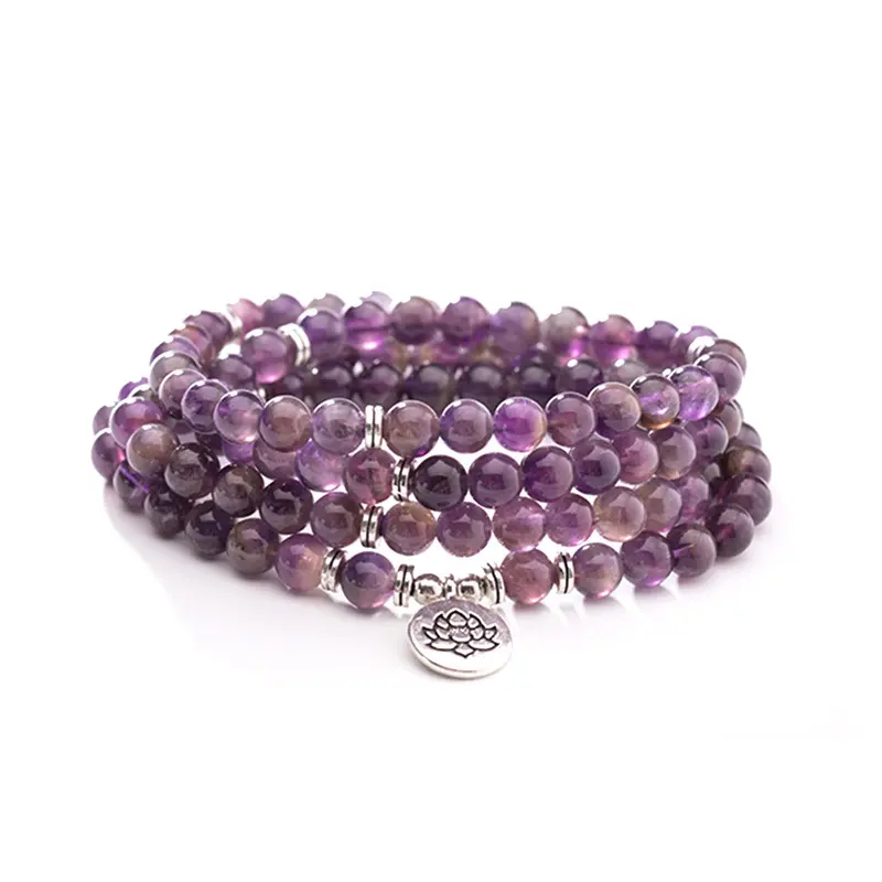 Beaded Amethyst Bracelet, 108 Mala Prayer Beads, 6-8mm Convertible Wrap Necklace with Lotus & Tree of Life Charms, Amethyst Bracelets & Bangles, Beaded Jewelry Style