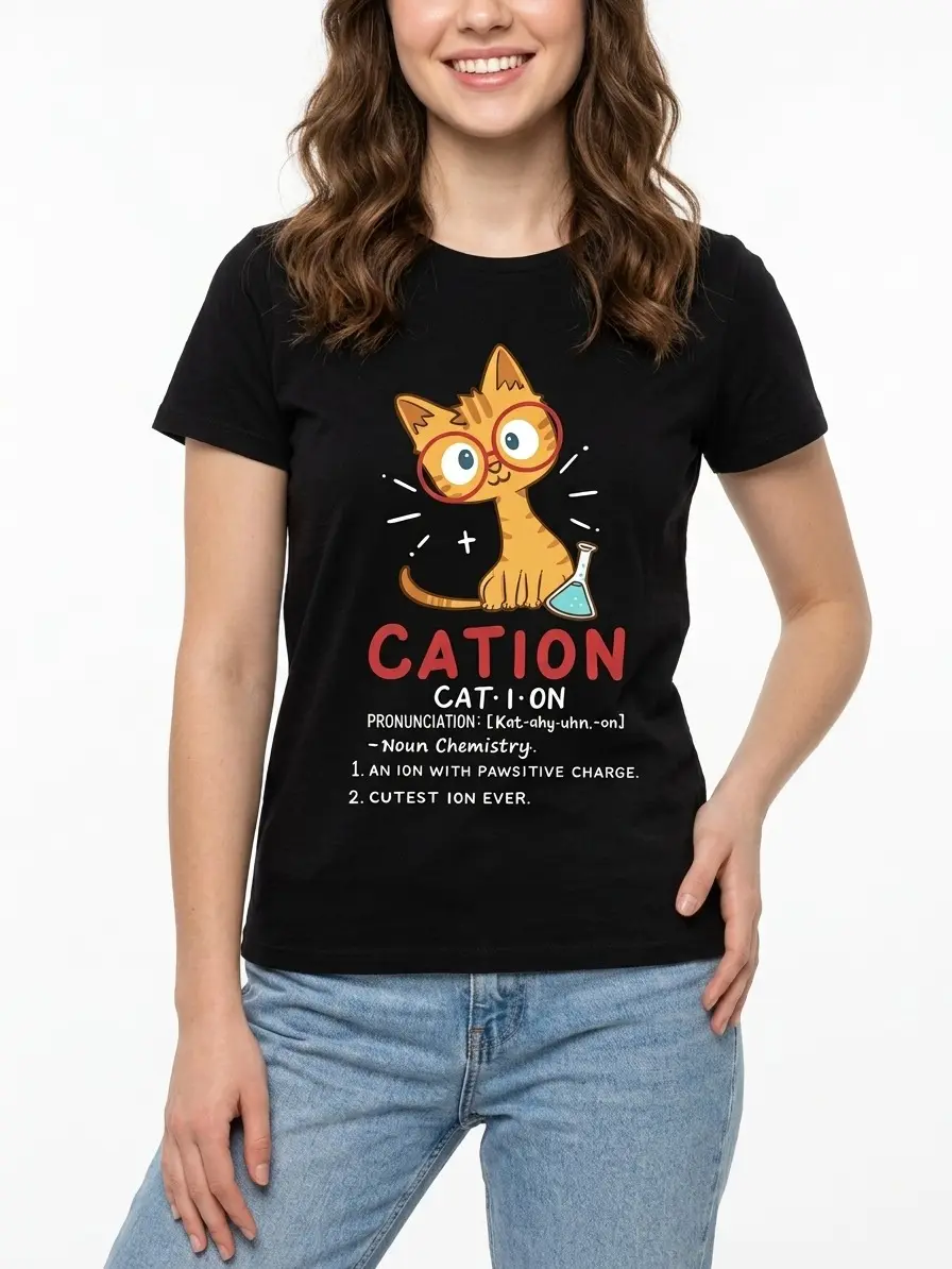 Science Cat Pun Graphic Tee 100% Cotton Black S-3XL Women STEM-style Chemistry-vibe Teacher-outfit Witty-gift Funny-statement