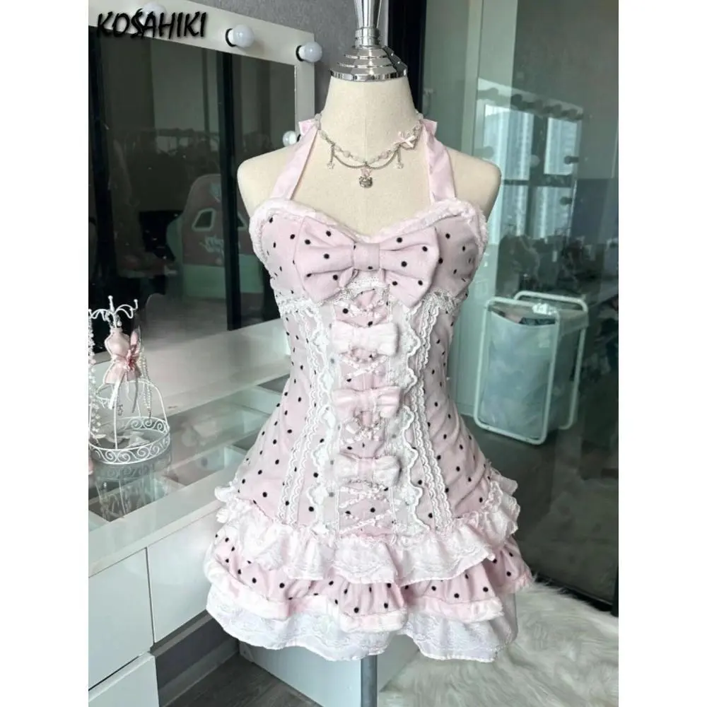Women Sweet Kawaii Dots Sleeveless Pink Dress Korean Fairy Y2k Slim Waist Tunic Vestidos Chic Cute Bow Halter Dresses for Women