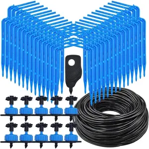 Full Drip Irrigation Kit with 4-Way/2-Way Connectors, 3/5mm Pipes, Flow Control Valve, Automatic Watering System