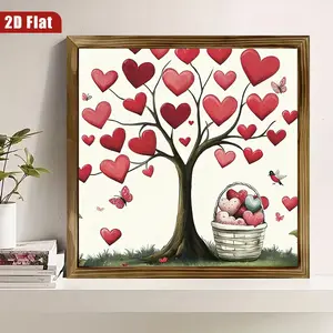 2D Flat Wooden Wall Sign| Red Heart Tree with Basket of Hearts and Butterflies, Rustic Farmhouse Style, 8x8 Inch, Valentine Gift for Bathroom, Bedroom, Cafe, Desk Decor