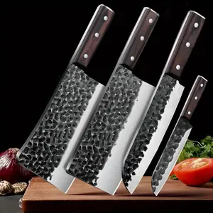4pcs Forged High Carbon Stainless Steel Kitchen Knives Block Set, Durable Bone-Chopping Knife, Sharp Meat Cleaver, Multi-purpose Fruit Vegetable Bread Knife for Home Cooking