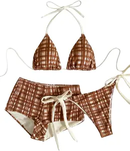 Women's 3 Piece Swimsuits Gingham Halter Boyshort Bikini Set Boho Beach Outfits with Boyshorts