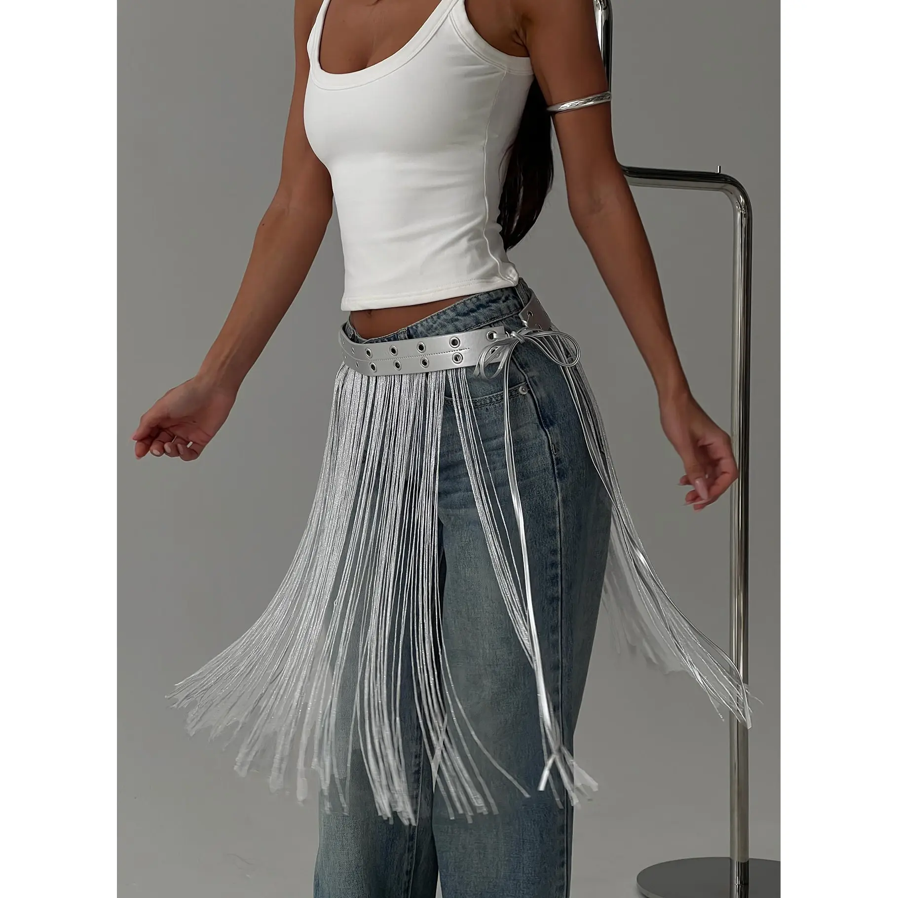 Artemas Studded Tassel Belt Silver