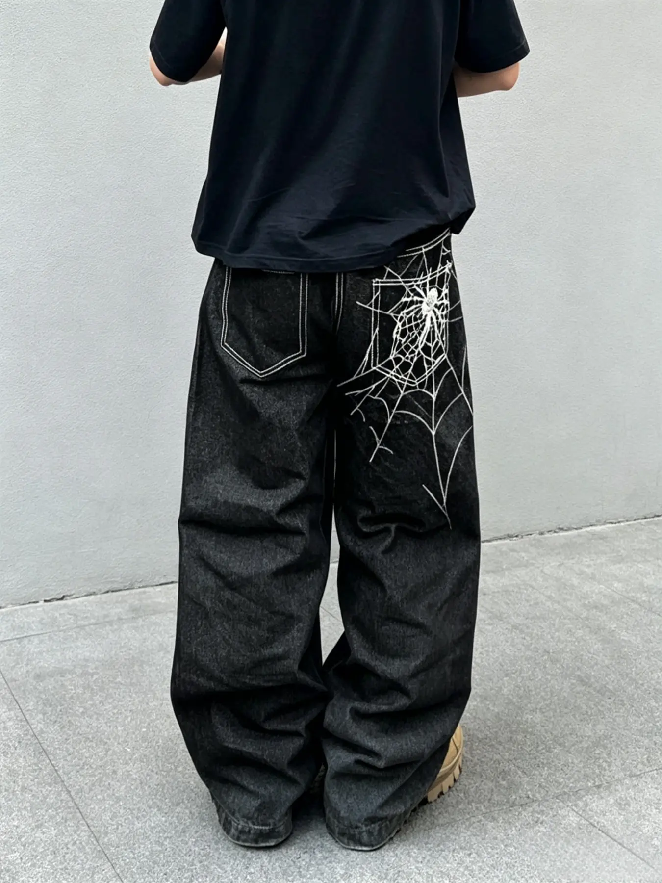 American Vintage Wide Leg Jeans for Men, Spider Web Embroidery Back Pocket Design, Straight Leg Long Pants, Style Gift