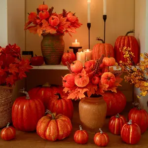 PARTY JOY 4PCS Maple Leaves Bunch with Silk Pumpkin Autumn Floral Stems for DIY Arrangment Fall Decor Fall Decorations for Home