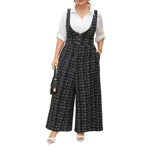 Women's Tweed Plus Size Overalls Deep V Neck Sleeveless Wide Leg Pants Jumpsuit with Buttons Pockets Can be used with raincoat