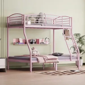 Heavy Duty Twin Over Full Metal Bunk Bed – Space-Saving Frame – Built-in Ladder & Guardrail – Smooth Rounded Edges – Great for Dorms & Small Bedrooms – Pink/Black/White(2 Packages)