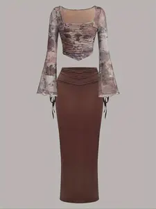 Elegant Floral Print Blouse and Knot Skirt Set, Four-Season Versatile Two-Piece Outfit, Daily Wear Fashion Clothing, Womenswear