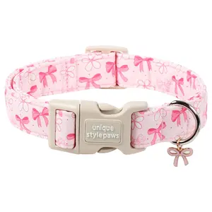 Soft Cotton Pink Bow Dog Collar & Flower Puppy Collar, Adjustable Comfort Fit for Small Medium Large Dogs, Cute Gift for Puppy