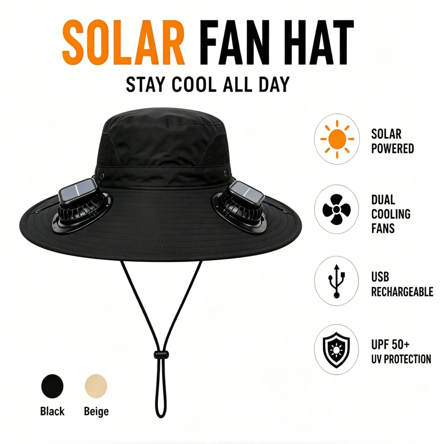 Unisex Solar Fan Hat with Dual Cooling Fans, USB Rechargeable 3 Speeds Sun Hat, UPF 50+ Summer Wide Brim Waterproof Fishing Safari Cap for Outdoor Gardening Construction Mowing Yard, Cooling Bucket Hat UV Protection Breathable Golf Hiking