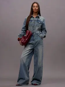 Washed Dark Denim Button Down Jumpsuit Winter Night Out Going Out Streetwear Cute Back To School Sexy Chic Spring Summer