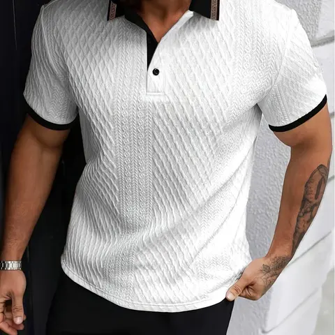 Men's Slim-Fit Short-Sleeve Textured Knit Polo Shirt - Button Front, Contrast Striped Collar, H-Type Smart Casual Top for Golf & Business, Patriotism Theme, Tropical Beige Menswear