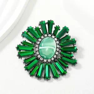 Women's Elegant Floral Brooch Large Pin with Emerald Green Artificial Crystal Center for Wedding Party Everyday Jewelry Year Round Formal Casual Accessory Gift Sophisticated Style Sparkling Accents Holiday Gift Blooming Design Detailed Craftsmanship