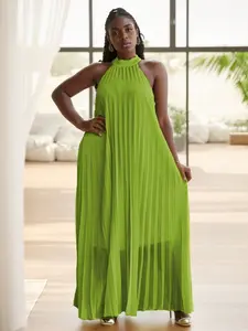 Women Plus Size Sleeveless Halter Neck Pleated Maxi Dress, Casual Loose Long Sundress for Party Vacation, Multi Color Options