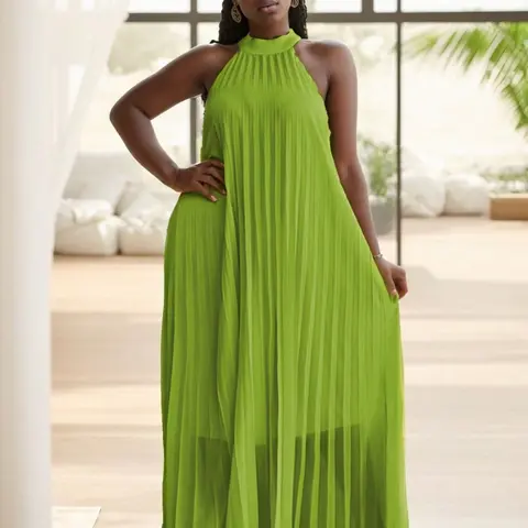 Women Plus Size Sleeveless Halter Neck Pleated Maxi Dress, Casual Loose Long Sundress for Party Vacation, Multi Color Options, Casual Chic Dress