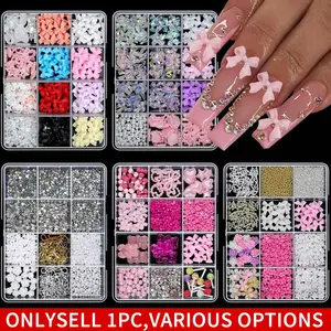 12Grids/Box 3D Mixed Bowknot Pearl Heart Nail Charms Flatback Resin Flower,Star,Moon Nail Rhinestones DIY Nail Art Decorations Nail Decoration Supplies