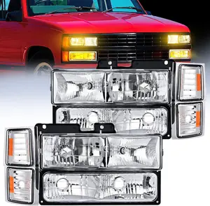 Nilight Headlight Assembly for 1994 1995 1996 1997 1998 GMC Suburban Yukon Sierra C/K Series 1500 2500 3500 Replacement Headlamp Chrome Housing Amber Reflector Bumper Corner Lamp