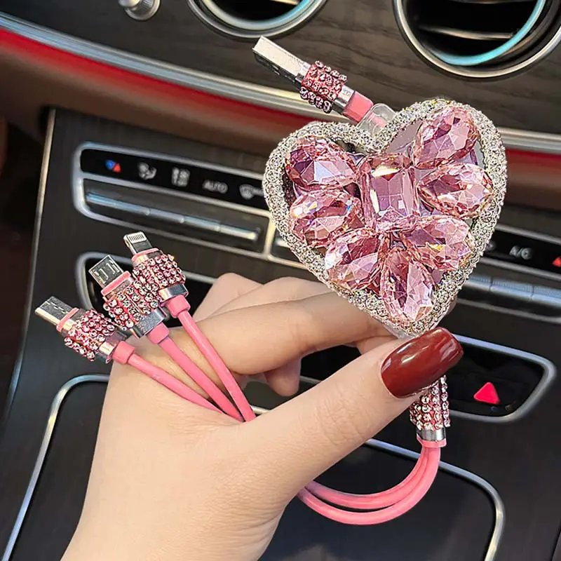 3-in-1 Heart Shaped Car Charger Cable with Shiny Rhinestone Design Fast Charging Expandable USB Cord Compatible with All iPhone Models Android Type-C