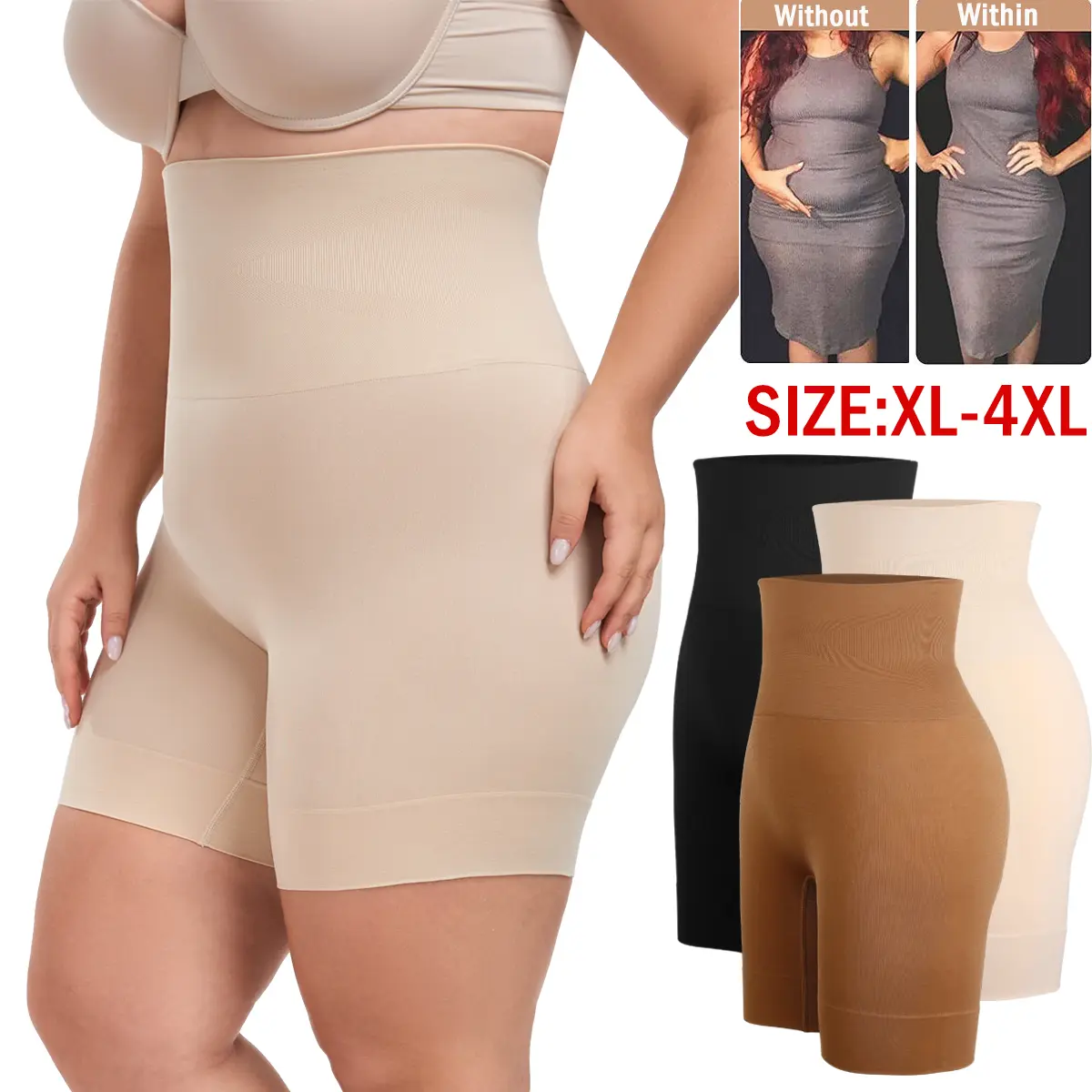 【Plus Size】Plus Size Women's High-Waisted Shapers - 3XL Highwaist Tummy Control Faja Underwear with 92%Polyamide 8%Elastane, Built-In Shapewear Shorts for Everyday, Wedding Wear
