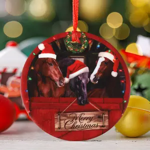 Imitation Wood Grain Three Headed Horse, Circular Ceramic Home Decoration,Round Ceramic Ornament, Farmhouse Christmas Tree Holiday Decor, 2025 Christmas Horse Ornaments Hanging Tree Decorations, Horse Gifts for Family and Friend