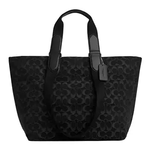 COACH 34 Signature Denim and Smooth Leather Classic Print Tote Bag for Women, Large, Black