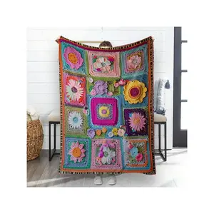 Vibrant Hand-Crocheted Floral Patchwork Throw Blanket