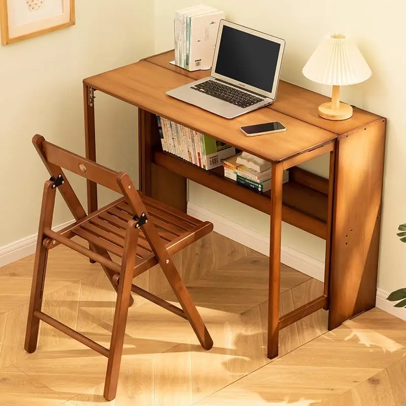 Folding Desk Computer Table Home Office: Modern Bamboo Study Desk with Storage Shelf - Space Saving Foldable Design for Small Apartments & Bedroom Workstations(Brown)