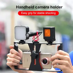 Handheld Smartphone Movie Shooting Cellphone Camera Stabilizer Handle, Dual Hot Shoe Mounts, Compatible with iPhone Samsung Huawei, Video Photography Studio