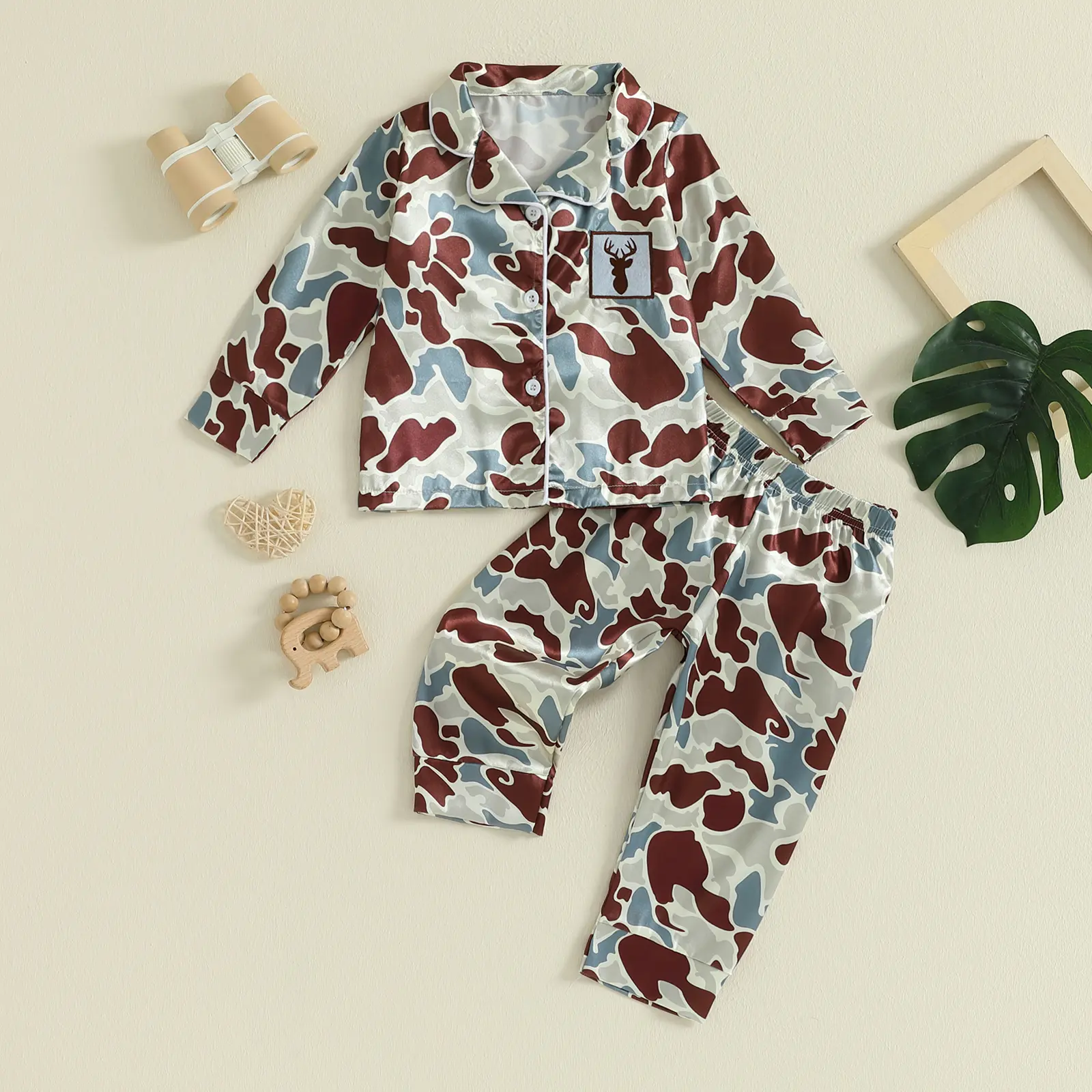 Babamoon Kids 12-24 Months Boys' 100% Polyester Long Sleeve Satin Pajamas Set, Embroidery Animals (Mallard Duck/Deer) Shirt with Camouflage Pants, Hand Wash Wild Hunting Sleepwear, 2-3 Years