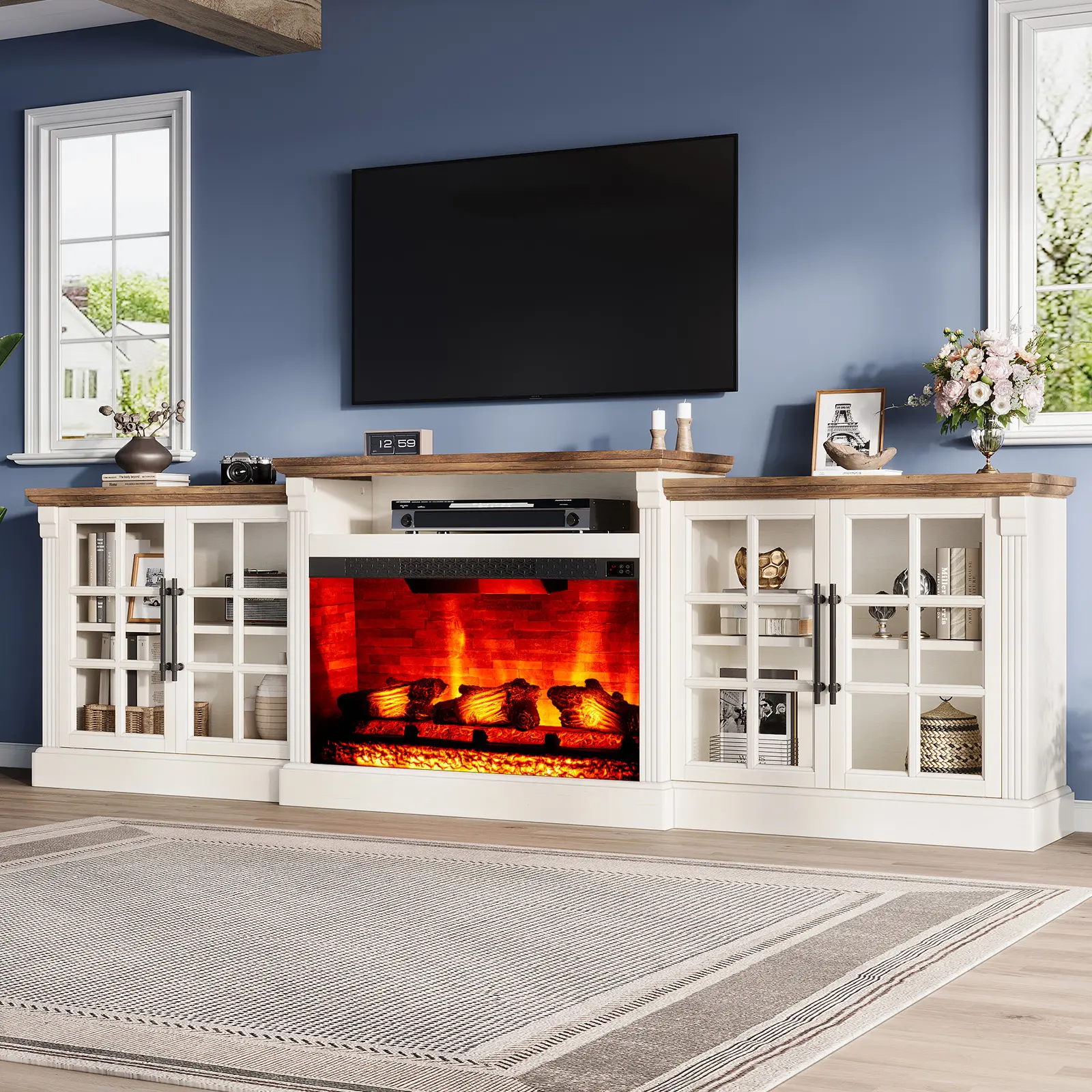 [Ships in 2 Boxes] [Summerwins] [SummerFinds] AMERLIFE 70"/97" Farmhouse Fireplace TV Stand, Entertainment Center with Large Storage Space and Adjustable Shelf, Media Console for Living Room/Best Gift Ideas/Christmas Gifts